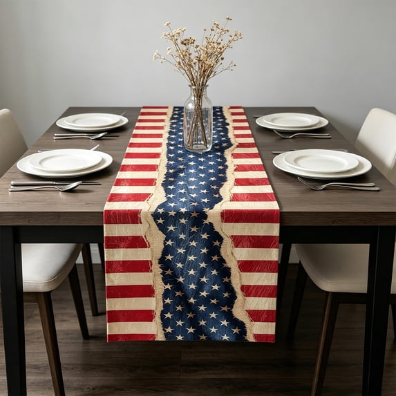 4th of July Linen Star Flag Dining Table Runner - 250th Anniversary Patriotic Decor Dresser Scarf Table Runner for Independence Day Farm Kitchen Coffee Table Decor