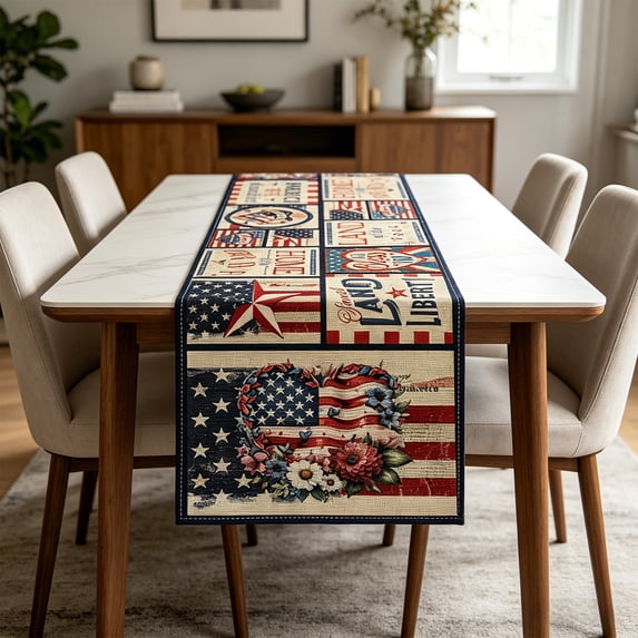 4th of July Linen Star Flag Dining Table Runner - 250th Anniversary Patriotic Decor Dresser Scarf Table Runner for Independence Day Farm Kitchen Coffee Table Decor
