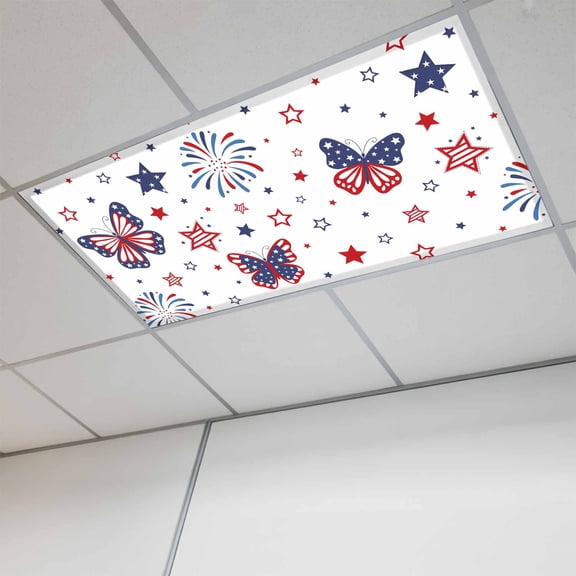 4th of July Magnetic Fluorescent Light Covers for Ceiling Lights 2x4Ft,Butterfly Star Blue Red Fireworks Independence Day Office Classroom Kitchen Drop Ceiling Light Covers Filters Shade Panel 1Pack