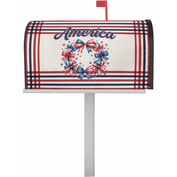4th of July Mailbox Cover Magnetic Wraps, Patriotic Bow Wreath Stars and Stripes Mailbox Covers Large Size 21x25.5 Inch Mail Wrap Post Letter Box Decoration for Outdoor Garden Yard
