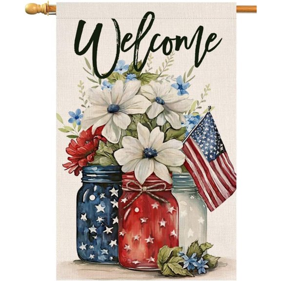 4th of July Mason Jar Floral Patriotic Garden Flag, 1pc, 12 x 18 Inch, flagpole not included, Waterproof Fade Resistant, Independence Day Memorial Day Home Yard Outdoor Decoration