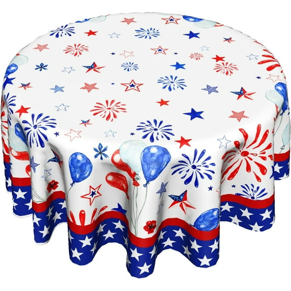 4th of July Memorial Day Round Tablecloth 60 Inch Waterproof Stars Patriotic Fireworks Balloon Table Cover Independence Day Table Cloths for Holiday Party Picnic Kitchen Dinner Decor