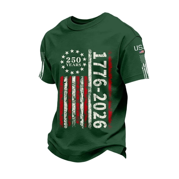 4th of July Mens Shirts Short Sleeve T Shirts Loose Red White and Blue Print Tops USA 250th Anniversary Celebration Party Pullover Independence Day Patriotic Crew Neck Tees Dark Green S