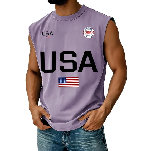 4th of July Mens Tank Tops Loose Crew Neck Red White and Blue Print Shirts Sleeveless Independence Day Patriotic USA 250th Anniversary Celebration Party Tees, L