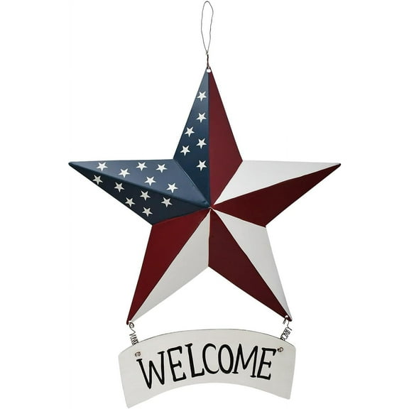 4th of July Metal Star Barn Patriotic Welcome Sign Hanging Wall Decoration, American Star Decor US Flag Barn Star Door Hanger Sign Indoor Outdoor Wall Art Decor for Independence Day Labor Day