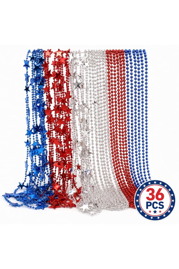 4th of July Necklaces Accessories, 36 Pcs Fourth of July Patriotic Beads Necklaces Bulk Red Blue White Stars Decor for Independence Memorial Day Party Favors