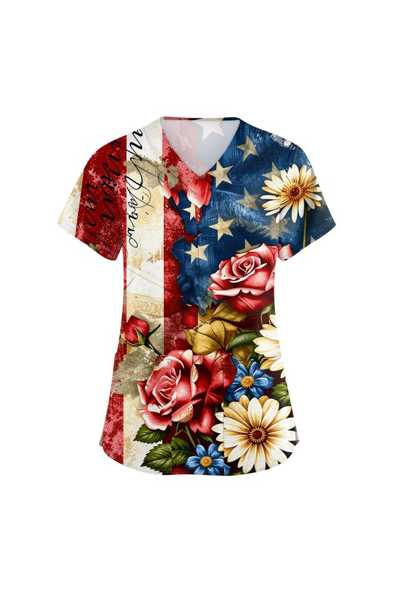 4th Of July Nursing Scrub Tops for Women 250th Anniversary Usa Nurse Uniforms Independence Day Short Sleeve Working Uniform Patriotic Flag Scrub Shirts