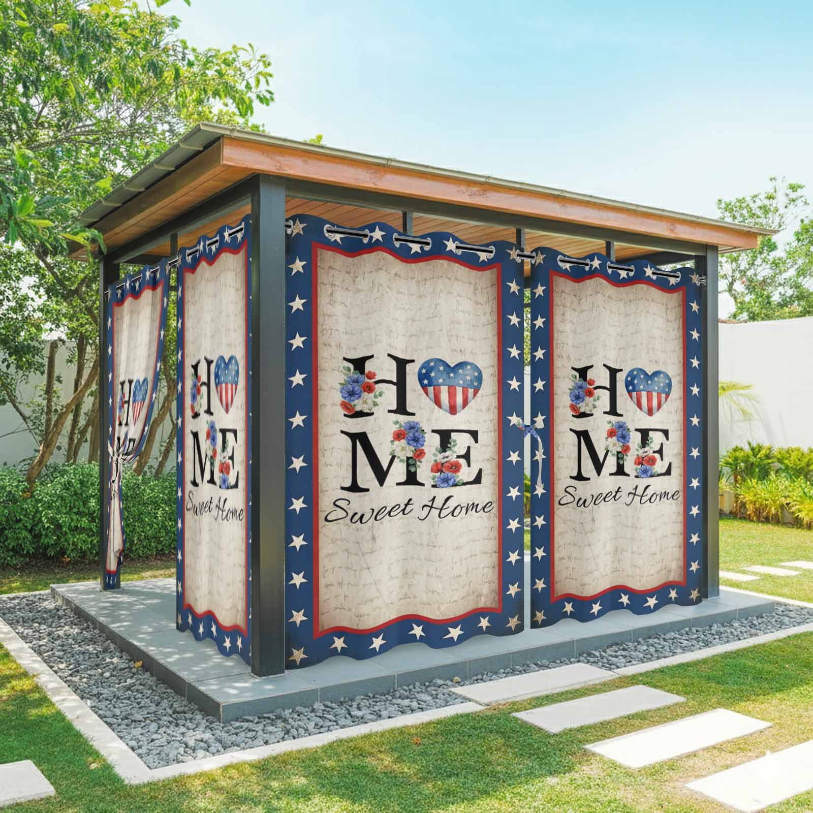 4th of July Outdoor Curtains for Patio, Home Sweet Home Blue Stars Floral Usa Flag Vintage Sunshade Privacy Drapes Grommet Waterproof Outside Curtains for Porch/Cabana/Balcony 54"x 108", 1 Panel