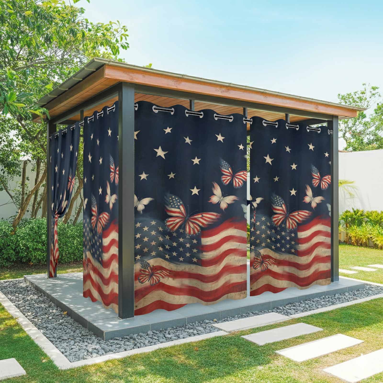 4th of July Outdoor Curtains for Patio, Independence Day Patriotic Butterfly American Flag Sunshade Privacy Drapes Grommet Waterproof Outside Curtains for Porch/Cabana/Balcony 54"x 108", 1 Panel