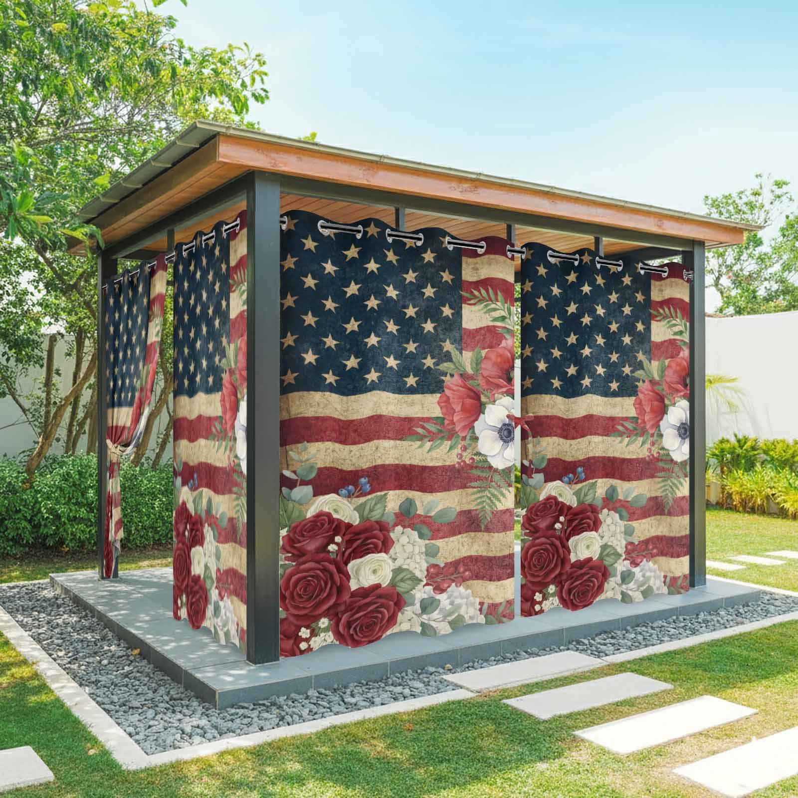 4th of July Outdoor Curtains for Patio, Patriotic USA Flag Stars Red Flowers Leaf Rustic Sunshade Privacy Drapes Grommet Waterproof Outside Curtains for Porch/Cabana/Balcony 54"x 108", 1 Panel