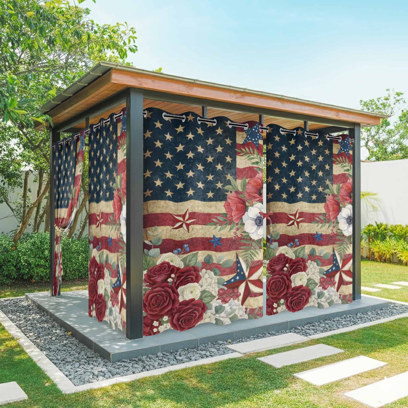 4th of July Outdoor Curtains for Patio, Patriotic USA Flag Stars Red Flowers Leaf Vintage Sunshade Privacy Drapes Grommet Waterproof Outside Curtains for Porch/Cabana/Balcony 54"x 108", 1 Panel