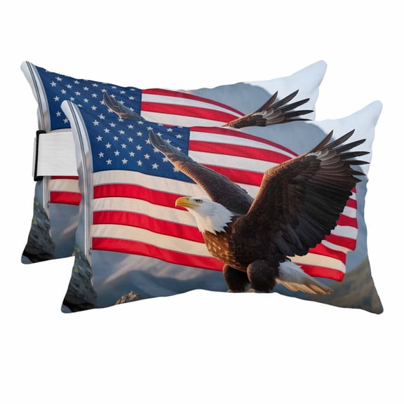 4th of July Outdoor Lumbar Pillows with Strap & Insert American Flag Eagle Recliner Pillow Pack of 2 Patriotic July 4th Mount Waterproof Headrest Patio Lounge Chair Pillows for Beach 11x16 Inch