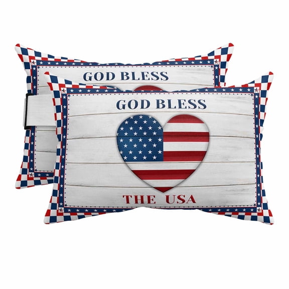 4th of July Outdoor Lumbar Pillows with Strap & Insert American Flag Heart Recliner Pillow Pack of 2 Stars Check Plaid Wood Grain Waterproof Headrest Patio Lounge Chair Pillows for Beach 11x16 Inch