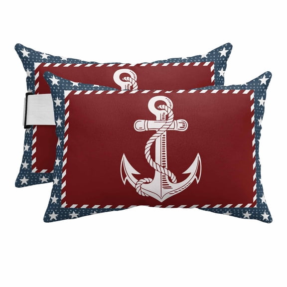 4th of July Outdoor Lumbar Pillows with Strap & Insert Nautical Anchor Recliner Pillow Pack of 2 Red White Blue Stars USA Flag Waterproof Headrest Patio Lounge Chair Pillows for Beach 11x16 Inch