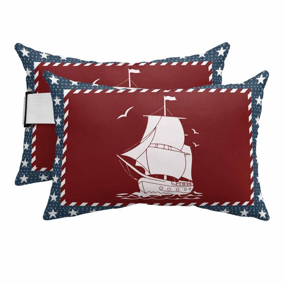 4th of July Outdoor Lumbar Pillows with Strap & Insert Ocean Ship Recliner Pillow Pack of 2 Red White Blue Stars USA Flag Waterproof Headrest Patio Lounge Chair Pillows for Beach Office 11x16 Inch