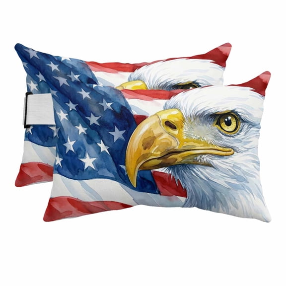 4th of July Outdoor Lumbar Pillows with Strap & Insert Patriotic Eagle Recliner Pillow Pack of 2 July 4th American Flag Waterproof Headrest Patio Lounge Chair Pillows for Beach Office 11x16 Inch