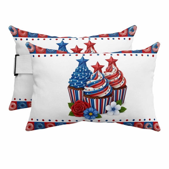 4th of July Outdoor Lumbar Pillows with Strap & Insert Patriotic Red Blue Cupcakes Recliner Pillow Pack of 2 Donuts Star Stripes Waterproof Headrest Patio Lounge Chair Pillows for Beach 11x16 Inch