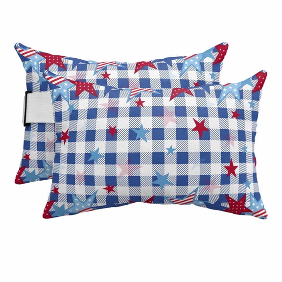 4th of July Outdoor Lumbar Pillows with Strap & Insert Patriotic Stars Recliner Pillow Pack of 2 Buffalo Check Blue Plaid Waterproof Headrest Patio Lounge Chair Pillows for Beach Office 11x16 Inch