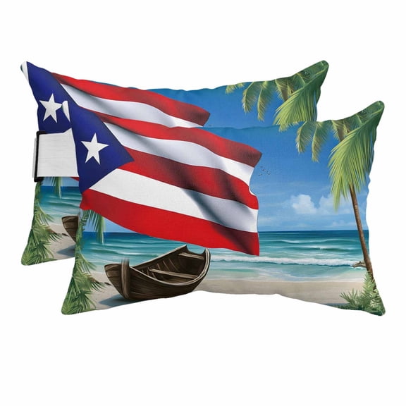 4th of July Outdoor Lumbar Pillows with Strap & Insert Puerto Rico Flag Recliner Head Pillow Pack of 2 Coco Palm Tree Beach Waterproof Headrest Patio Lounge Chair Pillows for Beach Office 11x16 Inch