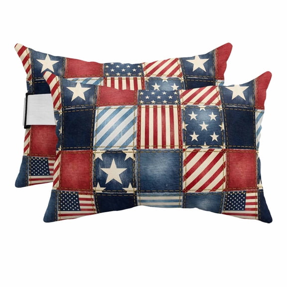 4th of July Outdoor Lumbar Pillows with Strap & Insert Stars Stripes Patchwork Recliner Pillow Pack of 2 Retro Checkered Grid Waterproof Headrest Patio Lounge Chair Pillows for Beach 11x16 Inch
