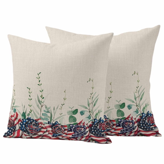 4th of July Outdoor Pillow Covers 16"x16" Set of 2, USA Flag Rose Waterproof Throw Pillow Covers for Patio Furniture, Decorative Cushion Covers for Porch