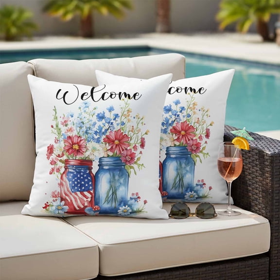 4th of July Outdoor Pillow Covers 16x16 Inch Throw Pillow Covers Set of 2 Waterproof Decorative Pillow Cases Independence Day Spring Floral American Flag Cushion Covers for Patio Furniture Garden