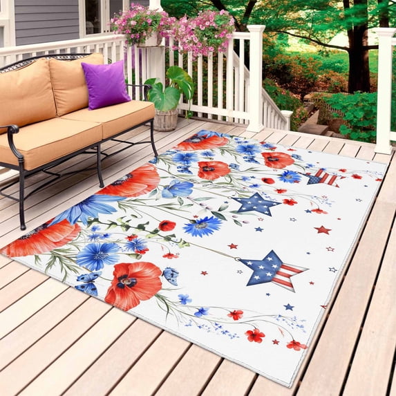 4th of July Outdoor Rug 3x5 Ft, Non Slip Washable Area Rug, Red Blue Floral Independence Day Stars Butterflies Patio Rugs Carpet Runner, Large Floor Mat for Indoor/Outdoor Deck Porch Camping