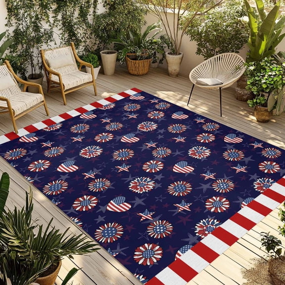 4th of July Outdoor Rug 3x5 Ft - Reversible Patio Rug Outdoor Camping Rugs, Navy US Flag Independence Day Stars Red Stripes Indoor Outdoor Area Rugs, Non-Slip Outdoor Carpet Runner for Deck/Porch