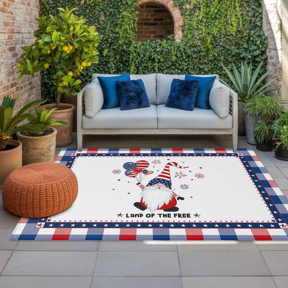 4th of July Outdoor Rug 3x5 ft Gnome Holding Balloons Outdoor Large Area Rug Non Slip Rubber Stars Check Plaid Front Door Mat RV Rug Carpet Patio Outdoor Rugs for Backyard Balcony Deck Porch Indoor
