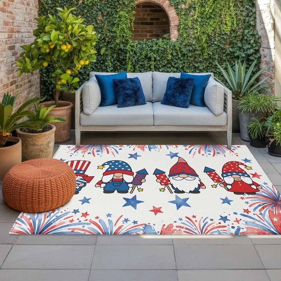 4th of July Outdoor Rug 3x5 ft Gnomes Fireworks Outdoor Large Area Rug Non Slip Patriotic Star Flag July 4th Front Door Mat RV Rug Carpet Patio Outdoor Rugs for Backyard Balcony Deck Porch Indoor
