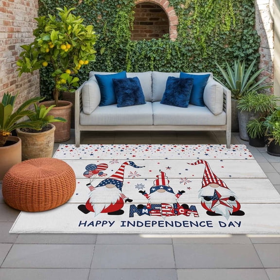 4th of July Outdoor Rug 3x5 ft Gnomes Holding Balloon Outdoor Large Area Rug Non Slip USA Flag Patriotic Stars Wood Grain Front Door Mat RV Rug Carpet Patio Outdoor Rugs for Backyard Balcony Porch