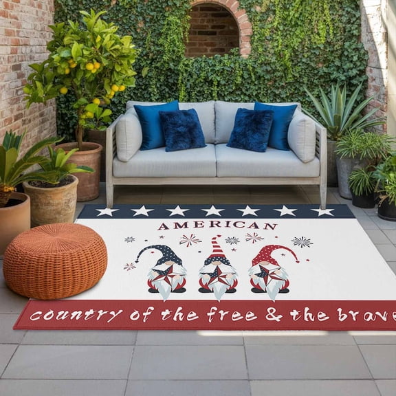 4th of July Outdoor Rug 3x5 ft Gnomes Holding Star Firework Outdoor Large Area Rug Non Slip American Flag Front Door Mat RV Rug Carpet Patio Outdoor Rugs for Backyard Balcony Deck Porch Indoor