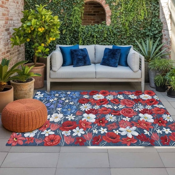 4th of July Outdoor Rug 3x5 ft Red White Blue Poppy Outdoor Large Area Rug Non Slip Patriotic American Flag Front Door Mat RV Rug Carpet Patio Outdoor Rugs for Backyard Balcony Deck Porch Indoor