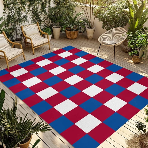 4th of July Outdoor Rug 5x8 Ft - Reversible Patio Rug Outdoor Camping Rugs, Independence Day Red Blue White Plaid Checkered Indoor Outdoor Area Rugs, Non-Slip Outdoor Carpet Runner for Deck/Porch