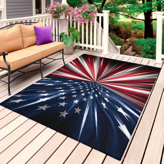 4th of July Outdoor Rug for Patio/Deck/Porch, Non-Slip Large Area Rug 5 x 8 Ft, Patriotic American Flag Red Blue Stars Striped Indoor Outdoor Rugs Washable Area Rugs, Camping Rug Carpet Runner