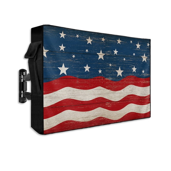 4th of July Outdoor TV Cover 30 to 32 Inch Weatherproof, American Flag Star on Wood Independence Day 600D Oxford TV Covers with Waterproof Zipper, Outside Flat TV Screen Protector 30"Wx19"Hx4.5"D