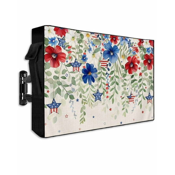 4th of July Outdoor TV Cover 30 to 32 Inch Weatherproof, Blue Red Spring Floral Rustic Independence Day 600D Oxford TV Covers with Waterproof Zipper, Outside Flat TV Screen Protector 30"Wx19"Hx4.5"D
