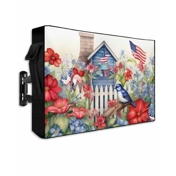 4th of July Outdoor TV Cover 30 to 32 Inch Weatherproof, Independence Day Floral Birds American Flag 600D Oxford TV Covers with Waterproof Zipper, Outside Flat TV Screen Protector 30"Wx19"Hx4.5"D