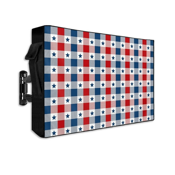 4th of July Outdoor TV Cover 30 to 32 Inch Weatherproof, Independence Day Star Red Blue Plaid 600D Oxford TV Covers with Waterproof Zipper, Outside Flat TV Screen Protector Size 30"W x 19"H x 4.5"D
