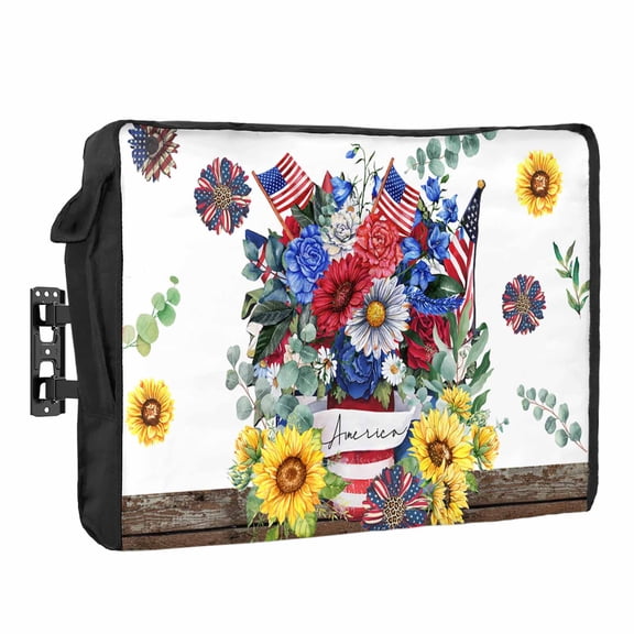 4th of July Outdoor TV Cover 32 Inch Daisy Sunflower TV Enclosure Independence Day Patriotic Floral USA Flag TV Covers for Outside TV Display Screen Protector with Remote Control Pocket