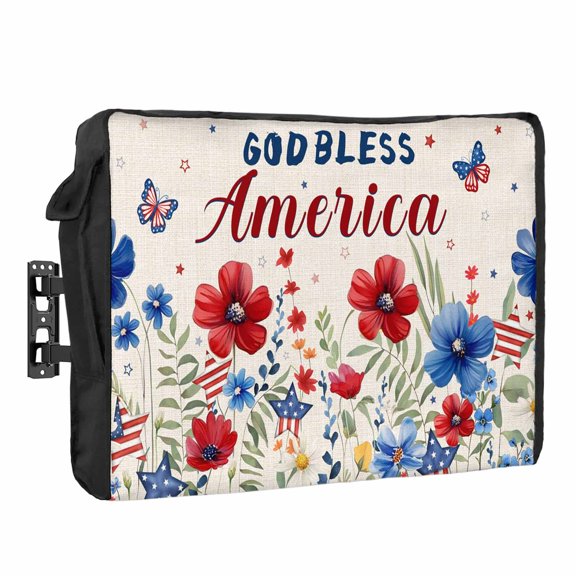 4th of July Outdoor TV Cover 32 Inch God Bless America TV Enclosure Independence Day Red Blue Floral USA Flag Linen TV Covers for Outside TV Display Screen Protector with Remote Control Pocket