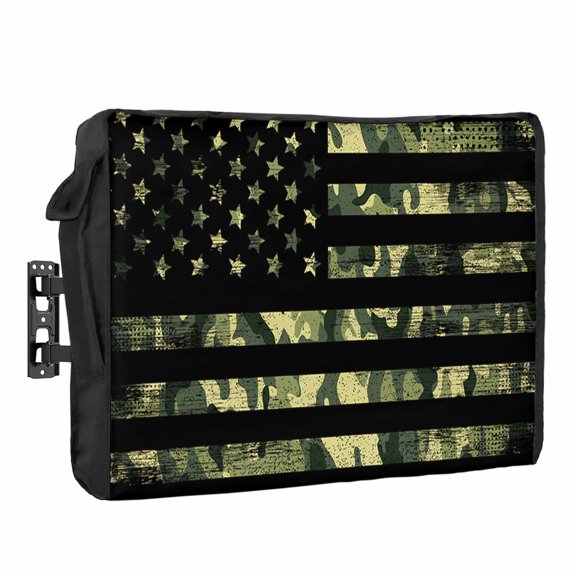 4th of July Outdoor TV Cover 32 Inch Green Camo American Flag TV Enclosure Independence Day Retro Patriotic Star Stripes TV Covers for Outside TV Display Screen Protector with Remote Control Pocket