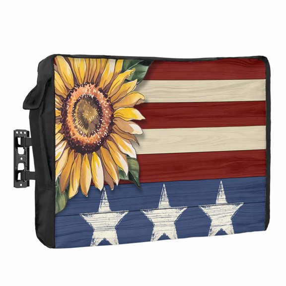 4th of July Outdoor TV Cover 32 Inch Sunflower TV Enclosure Independence Day Red White and Blue Stras Stripes TV Covers for Outside TV Display Screen Protector with Remote Control Pocket