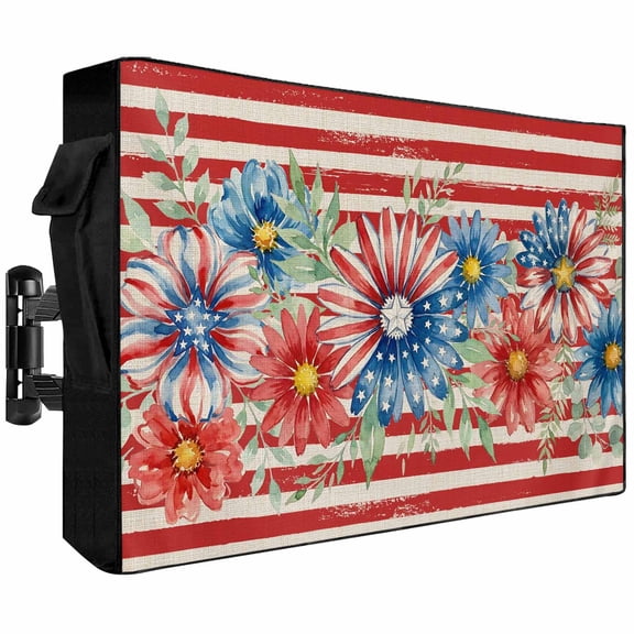 4th of July Outdoor TV Cover 40 to 43 Inch Weatherproof, Daisy Botanical Leaves Red Striped Independence 600D Oxford TV Covers with Zipper, Outside Flat TV Screen Protector Size 40"W x 25"H x 4.5"D