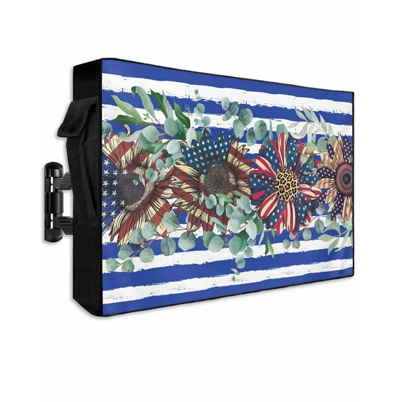 4th of July Outdoor TV Cover 40 to 43 Inch Weatherproof, Independence Day Star Botanical Blue Striped 600D Oxford TV Covers with Waterproof Zipper, Outside Flat TV Screen Protector 40"Wx25"Hx4.5"D