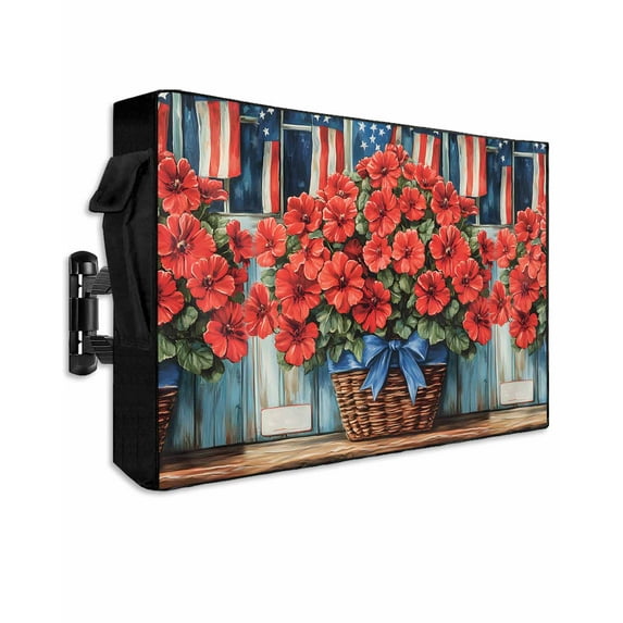 4th of July Outdoor TV Cover 40 to 43 Inch Weatherproof, Patriotic Red Poppy Flowers American Flag 600D Oxford TV Covers with Waterproof Zipper, Outside Flat TV Screen Protector Size 40"Wx25"Hx4.5"D