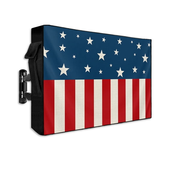 4th of July Outdoor TV Cover 40 to 43 Inch Weatherproof, Wave American Flag Star Red Stripes Patriotic 600D Oxford TV Covers with Waterproof Zipper, Outside Flat TV Screen Protector 40"Wx25"Hx4.5"D