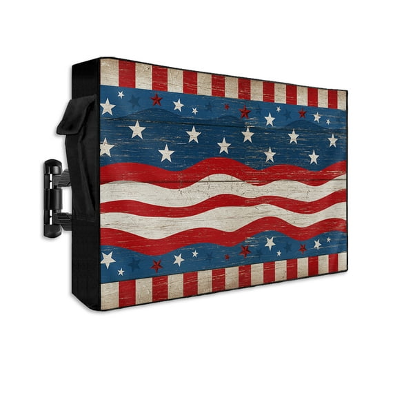 4th of July Outdoor TV Cover 48 to 50 Inch Weatherproof, American Flag Wave Patriotic Star on Wood 600D Oxford TV Covers with Waterproof Zipper, Outside Flat TV Screen Protector Size 48"Wx30"Hx4.5"D