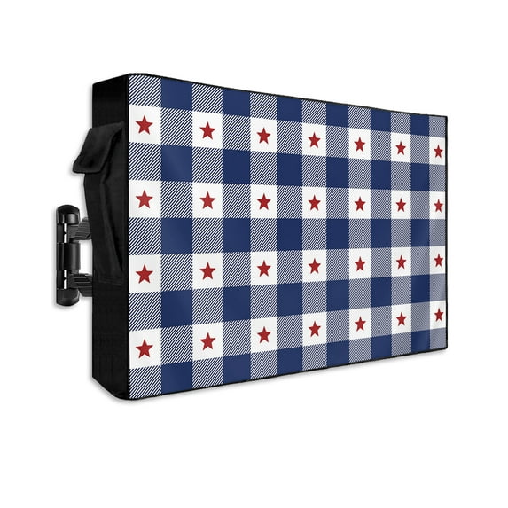 4th of July Outdoor TV Cover 48 to 50 Inch Weatherproof, Independence Day Blue White Plaid Red Star 600D Oxford TV Covers with Waterproof Zipper, Outside Flat TV Screen Protector Size 48"Wx30"Hx4.5"D