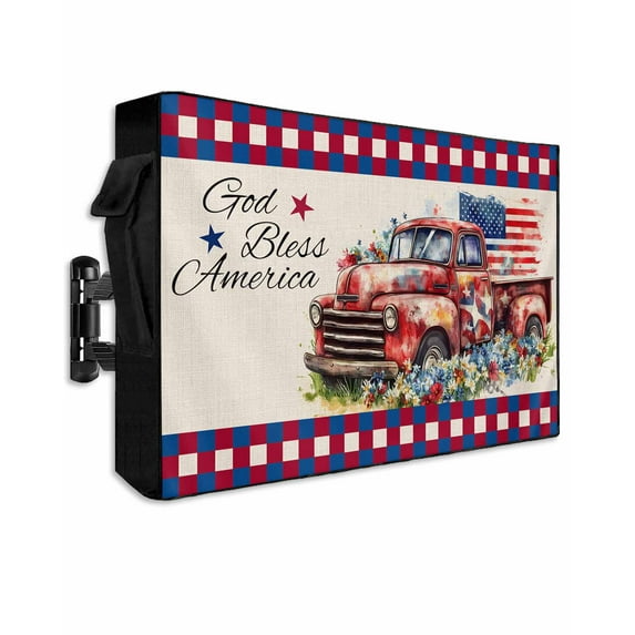 4th of July Outdoor TV Cover 48 to 50 Inch Weatherproof, Independence Day Truck Red Blue Floral 600D Oxford TV Covers with Waterproof Zipper, Outside Flat TV Screen Protector Size 48"W x 30"H x 4.5"D